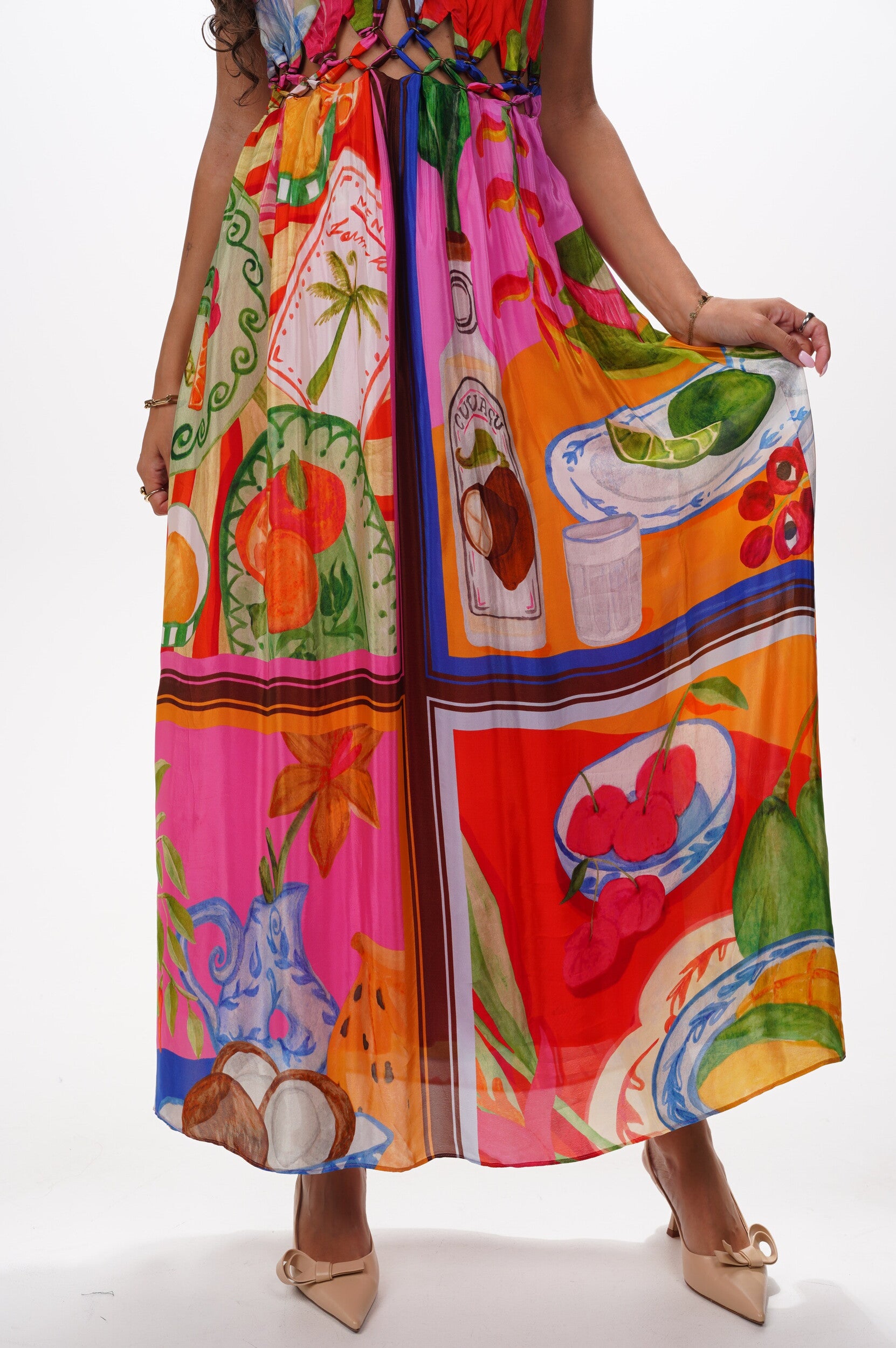 FARM RIO Dress Summer picnic multicolor macrame yoke