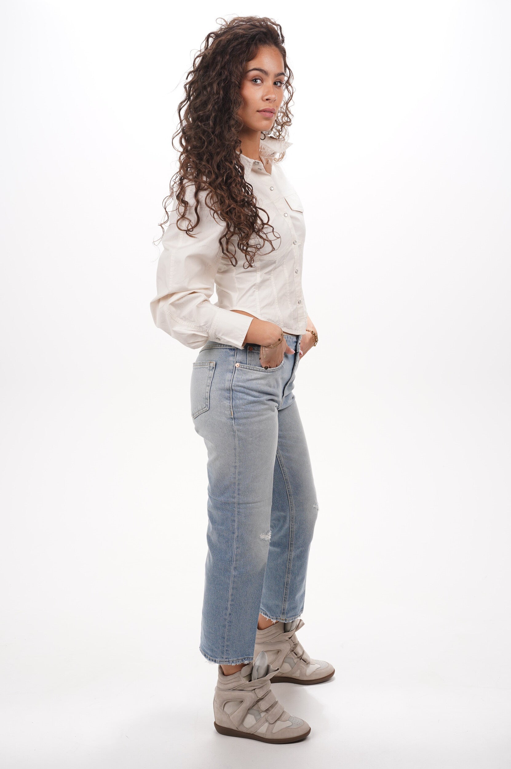 GANNI Blouse Washed Stretch Cotton Tie Corset