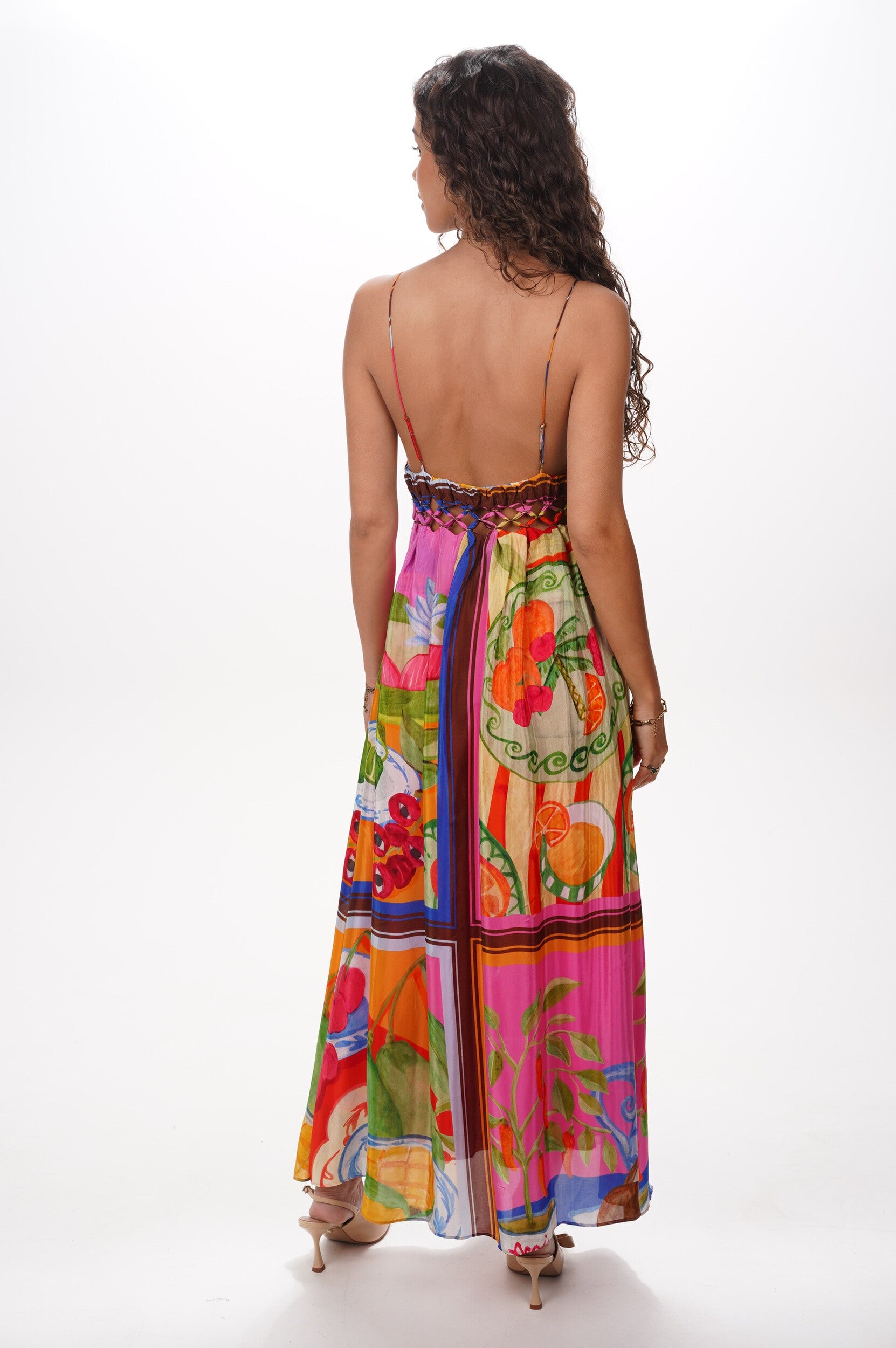 FARM RIO Dress Summer picnic multicolor macrame yoke