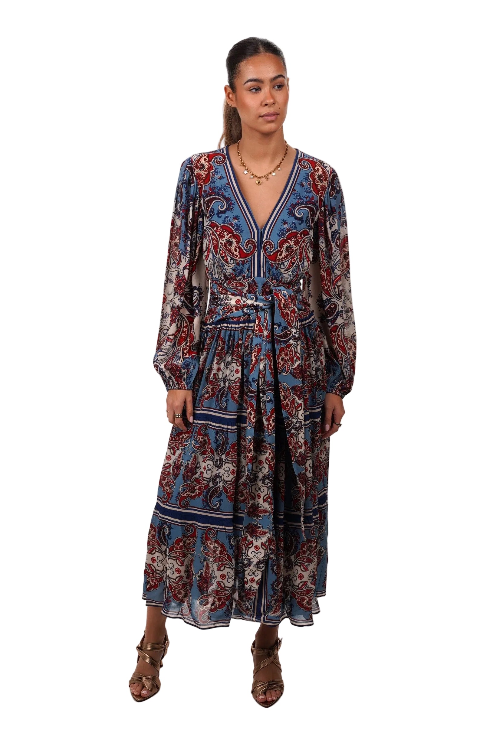 FARM RIO Dress Paisley scarf cream long sleeve maxi