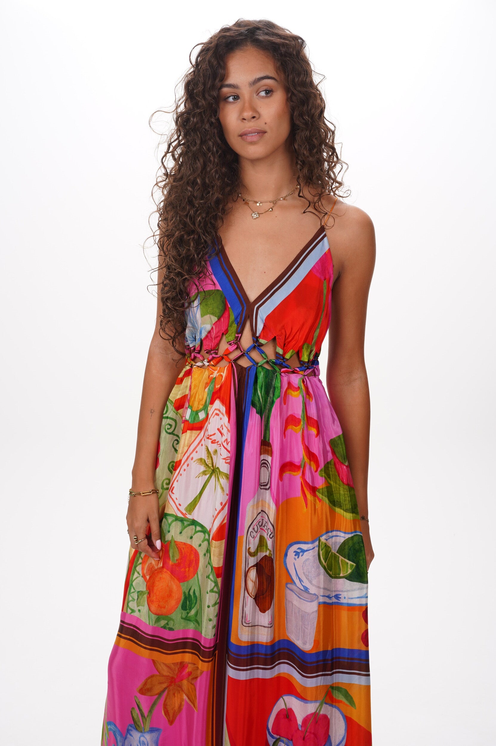 FARM RIO Dress Summer picnic multicolor macrame yoke