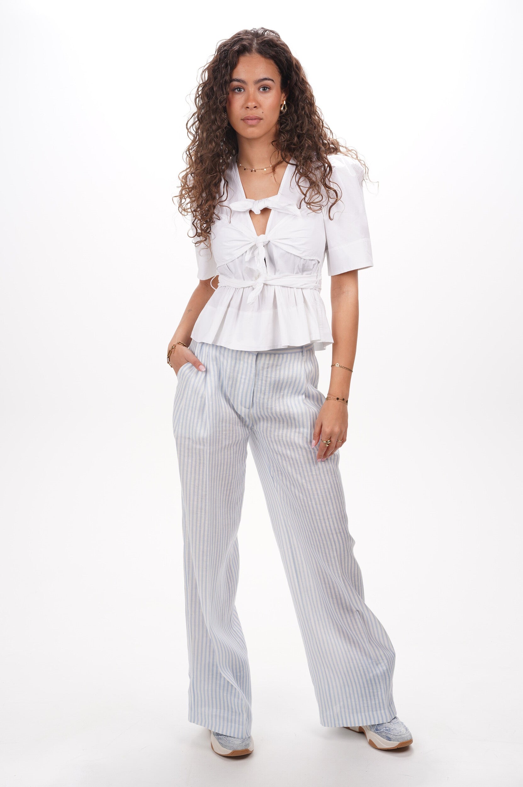 GANNI Blouse Washed Stretch Cotton Tie Strap