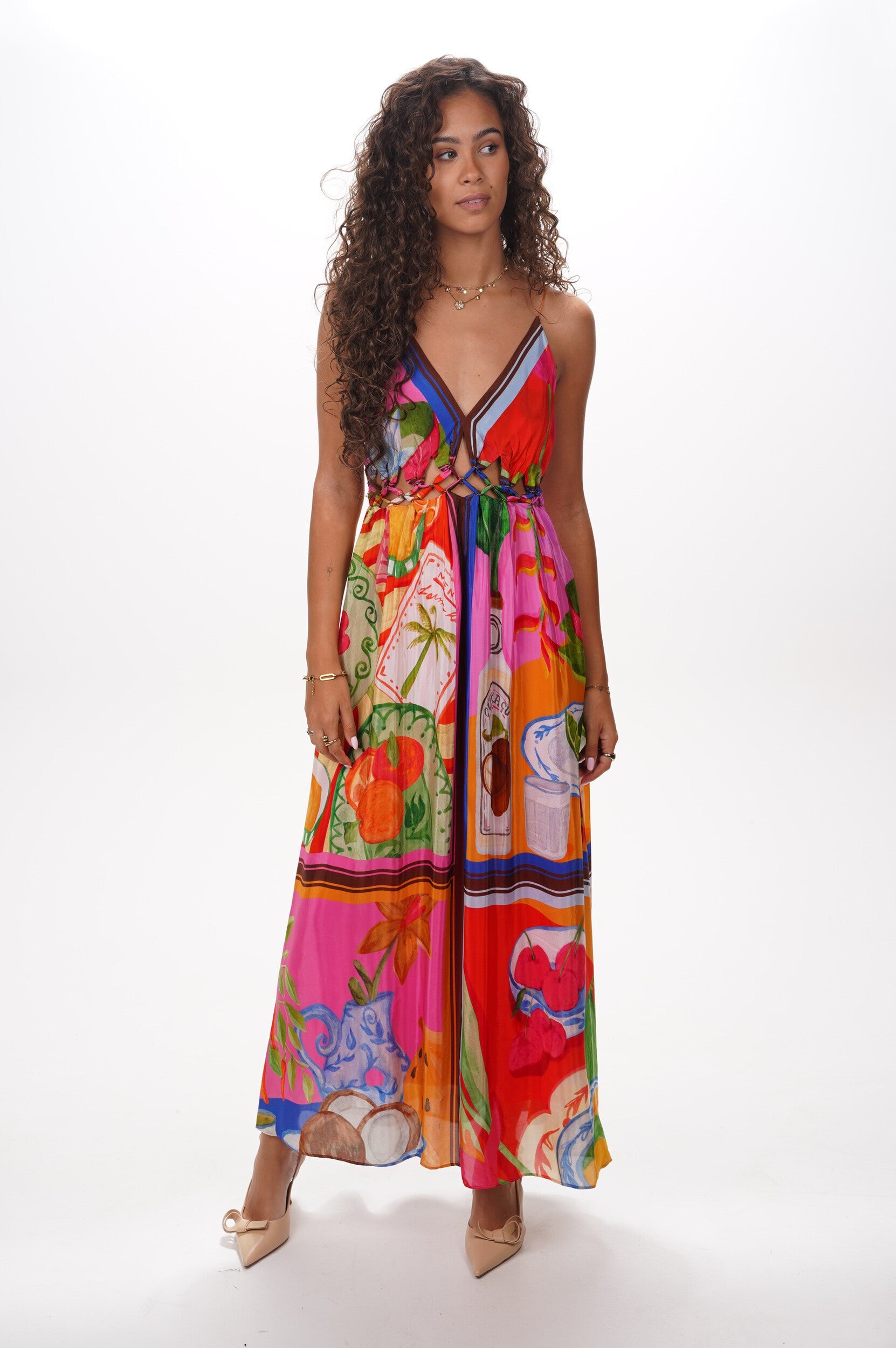 FARM RIO Dress Summer picnic multicolor macrame yoke