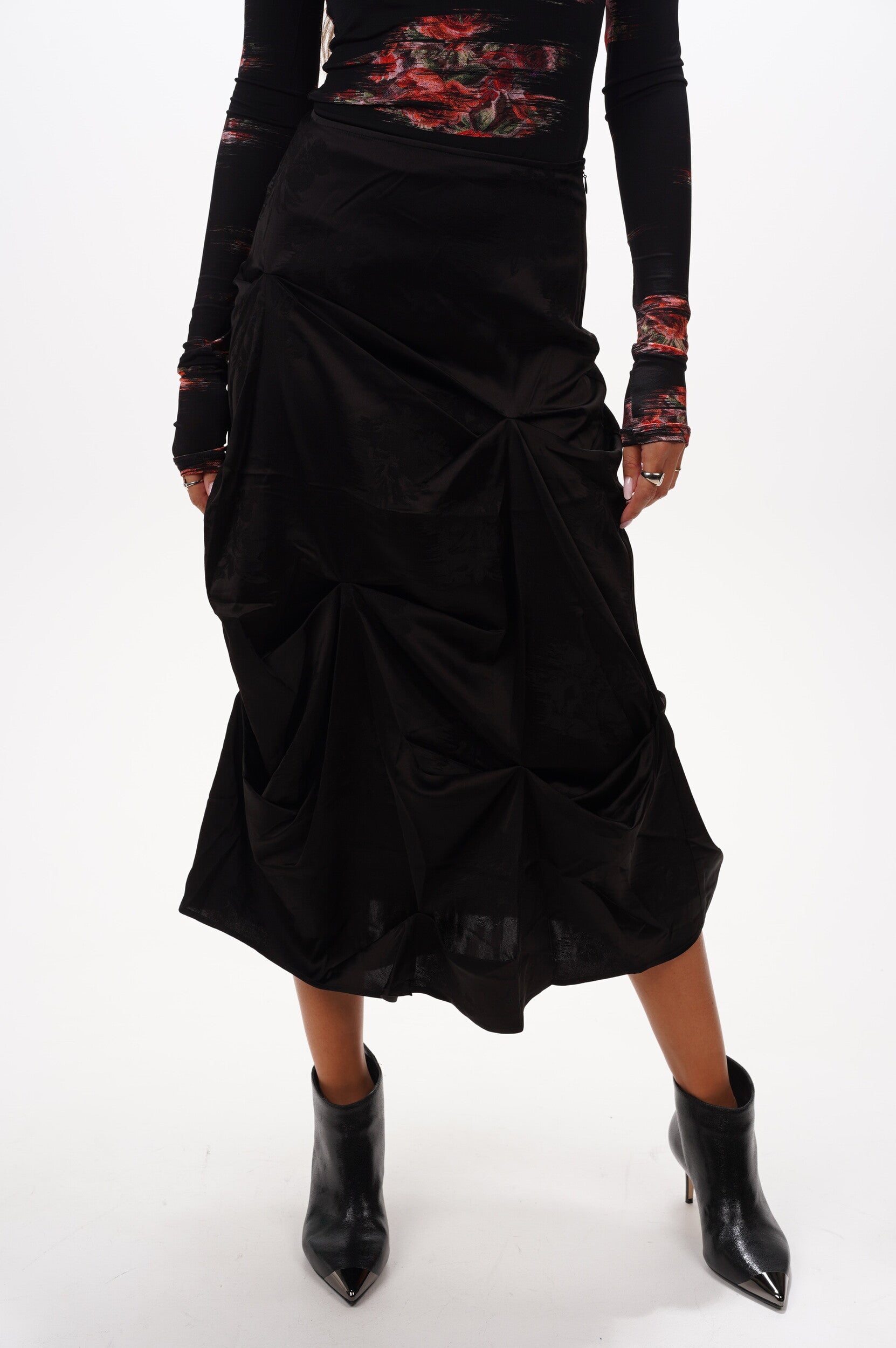 GANNI Skirt Fluid satin jacquard tuck detail long