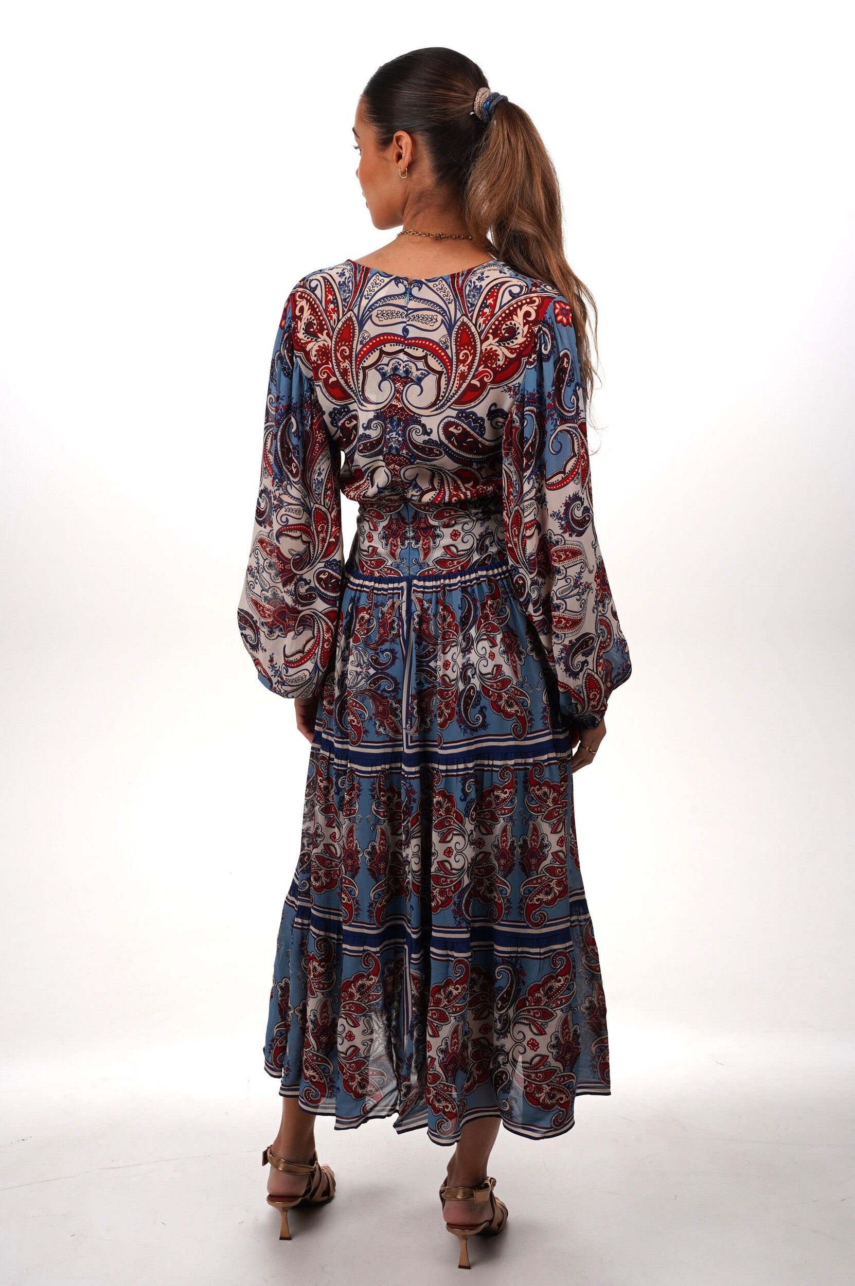 FARM RIO Dress Paisley scarf cream long sleeve maxi