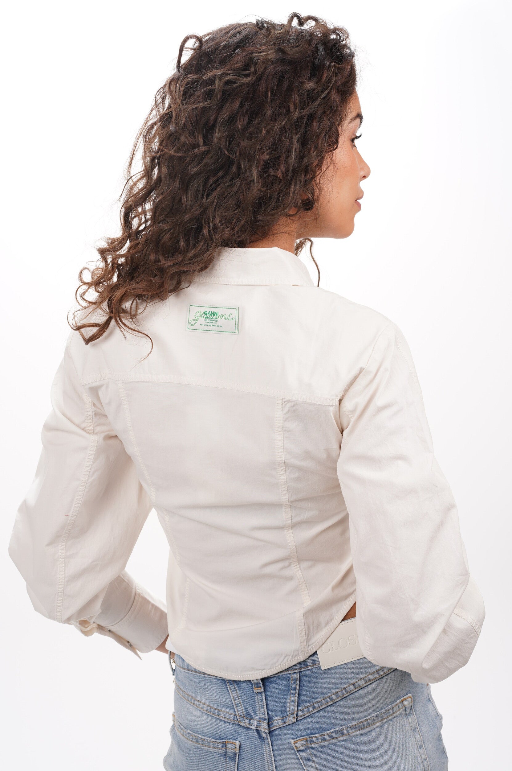 GANNI Blouse Washed Stretch Cotton Tie Corset