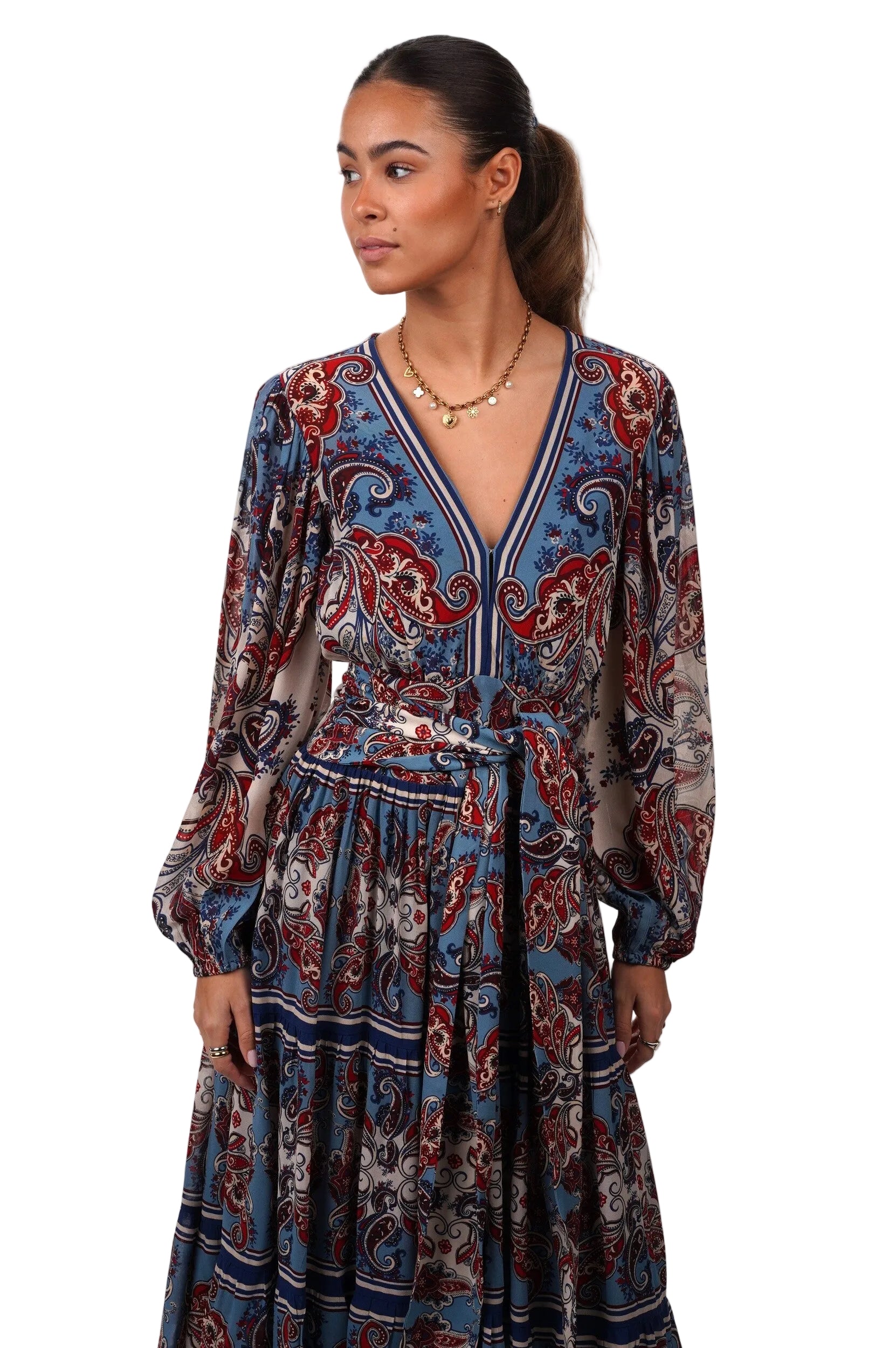 FARM RIO Dress Paisley scarf cream long sleeve maxi