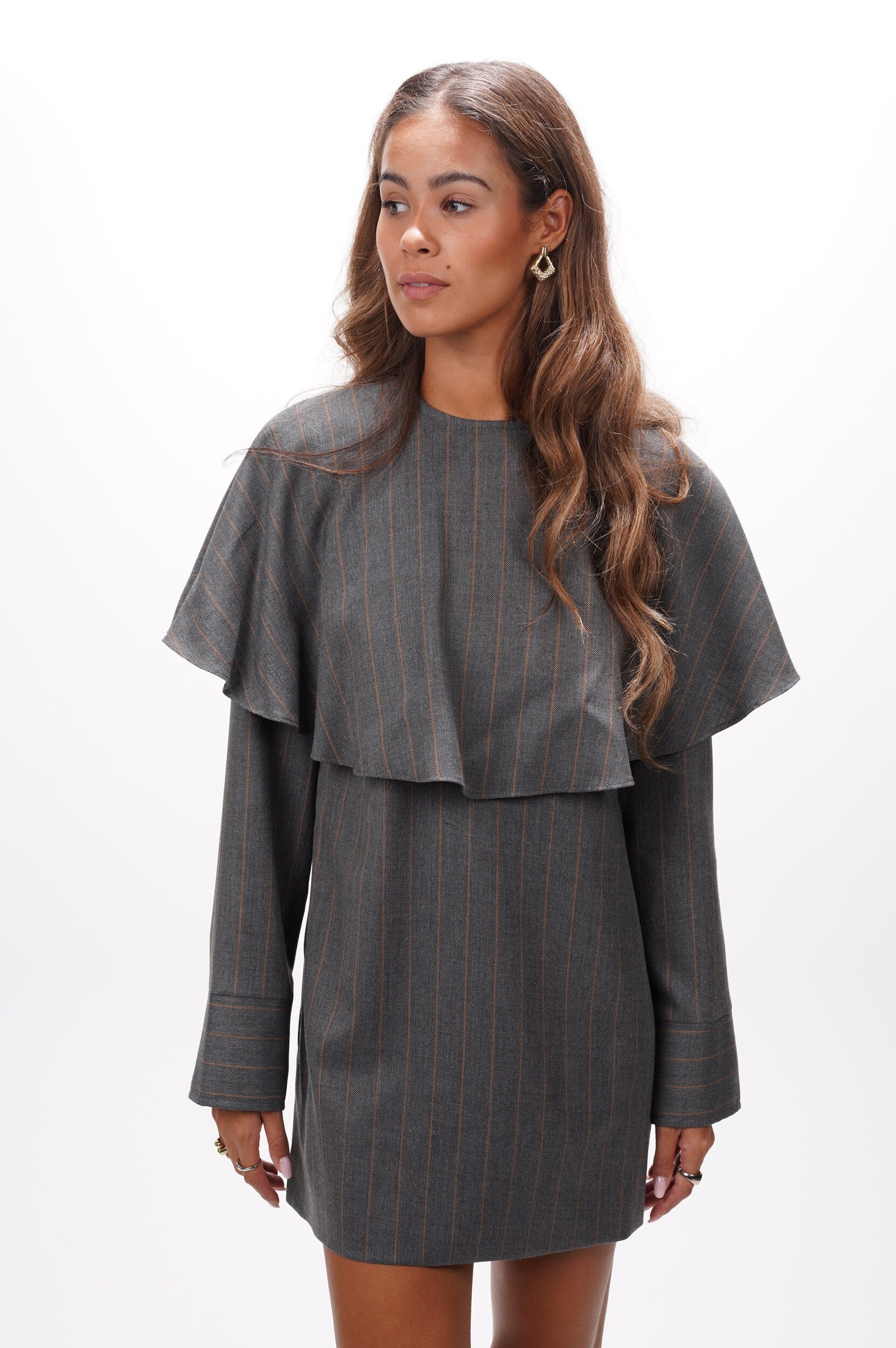 GANNI Dress Brushed wool stripe circle collar mini