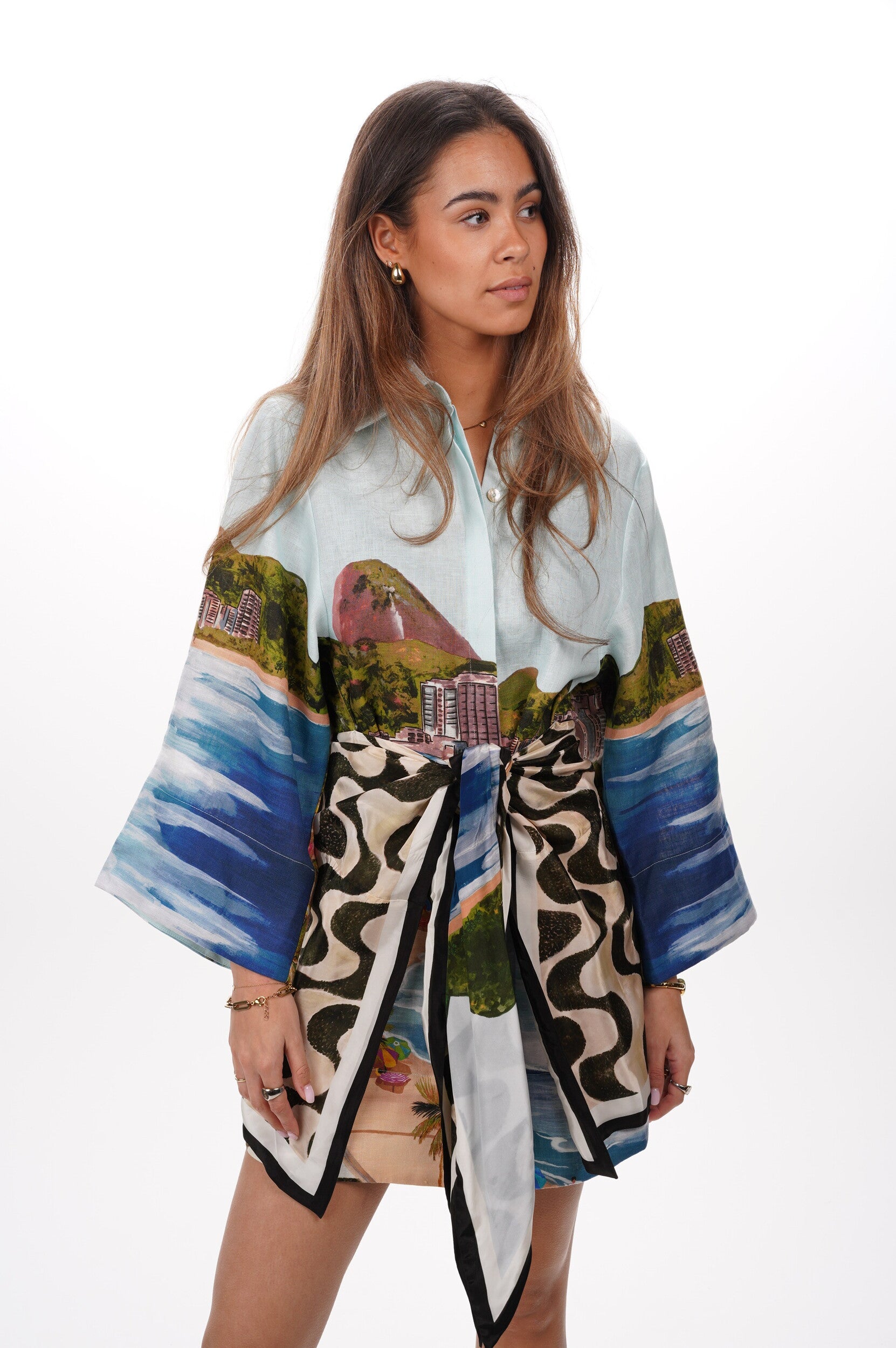 FARM RIO Dress Copacabana beach multicolor long sleeve kimono
