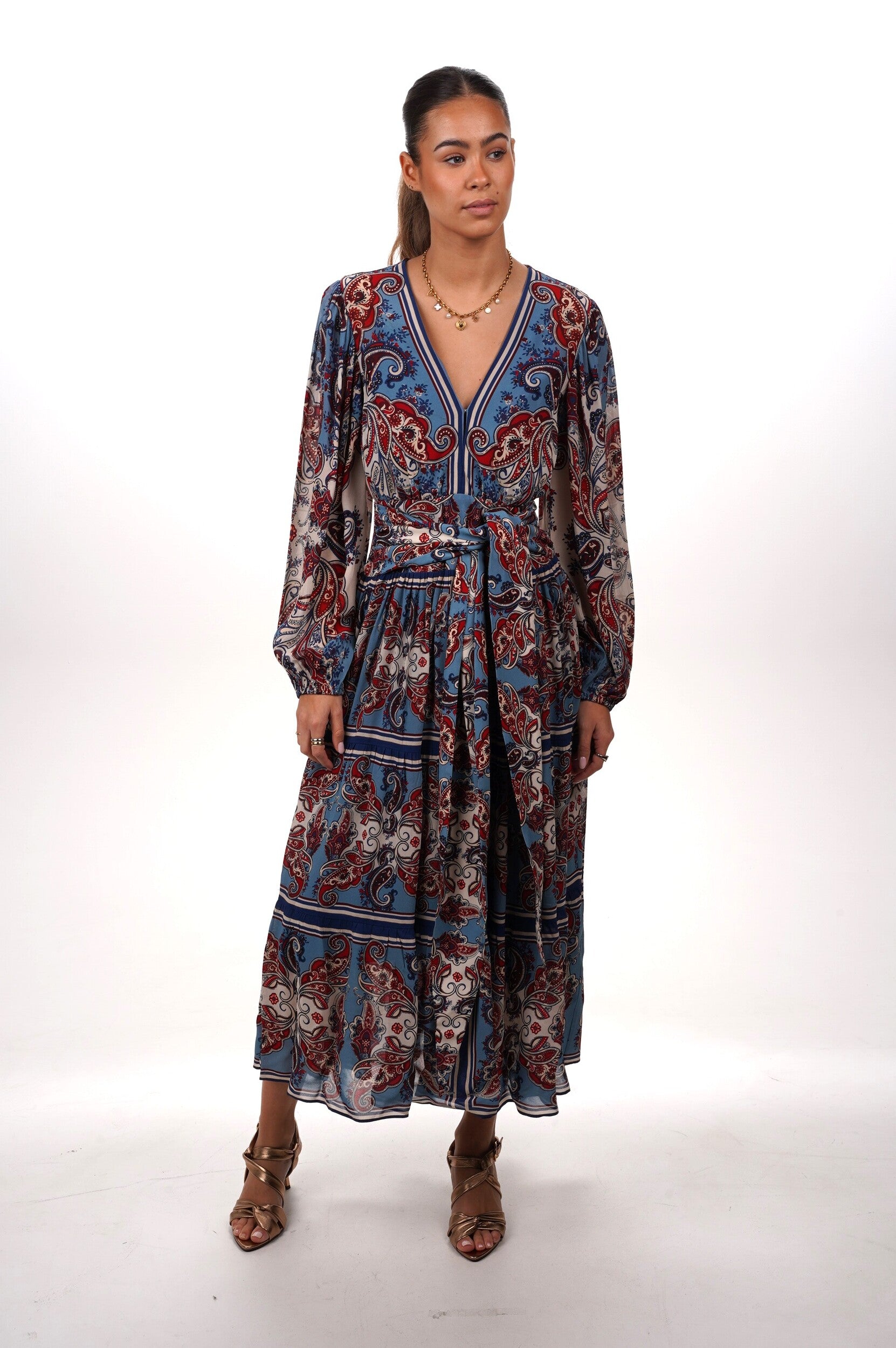 FARM RIO Dress Paisley scarf cream long sleeve maxi