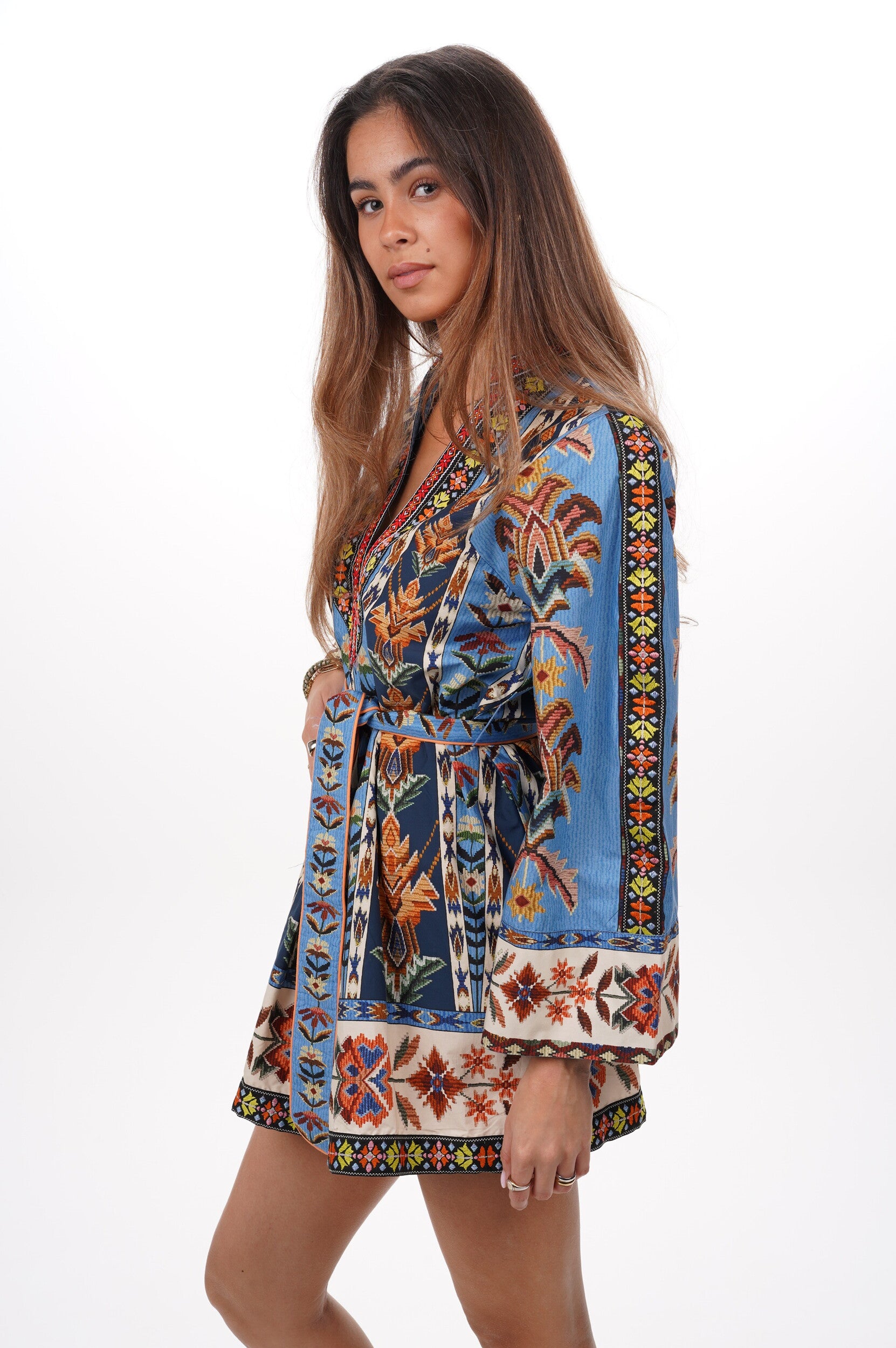 FARM RIO Dress Embroidered tapestry blue mini