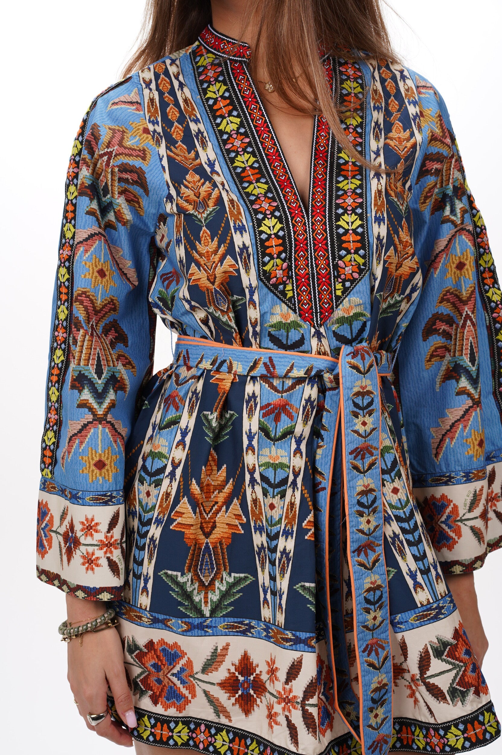 FARM RIO Dress Embroidered tapestry blue mini