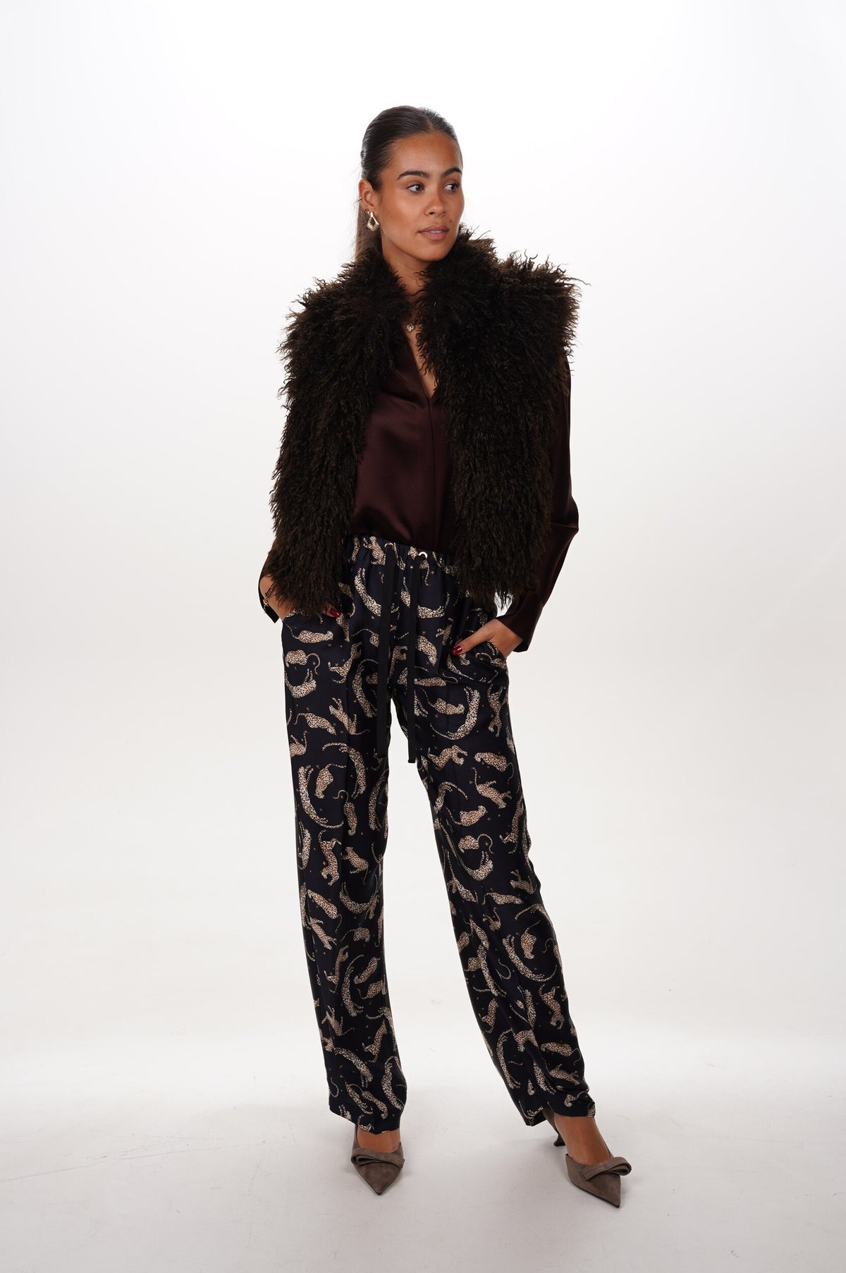 FORTE FORTE Trousers Royal leopard print satin drawstring 