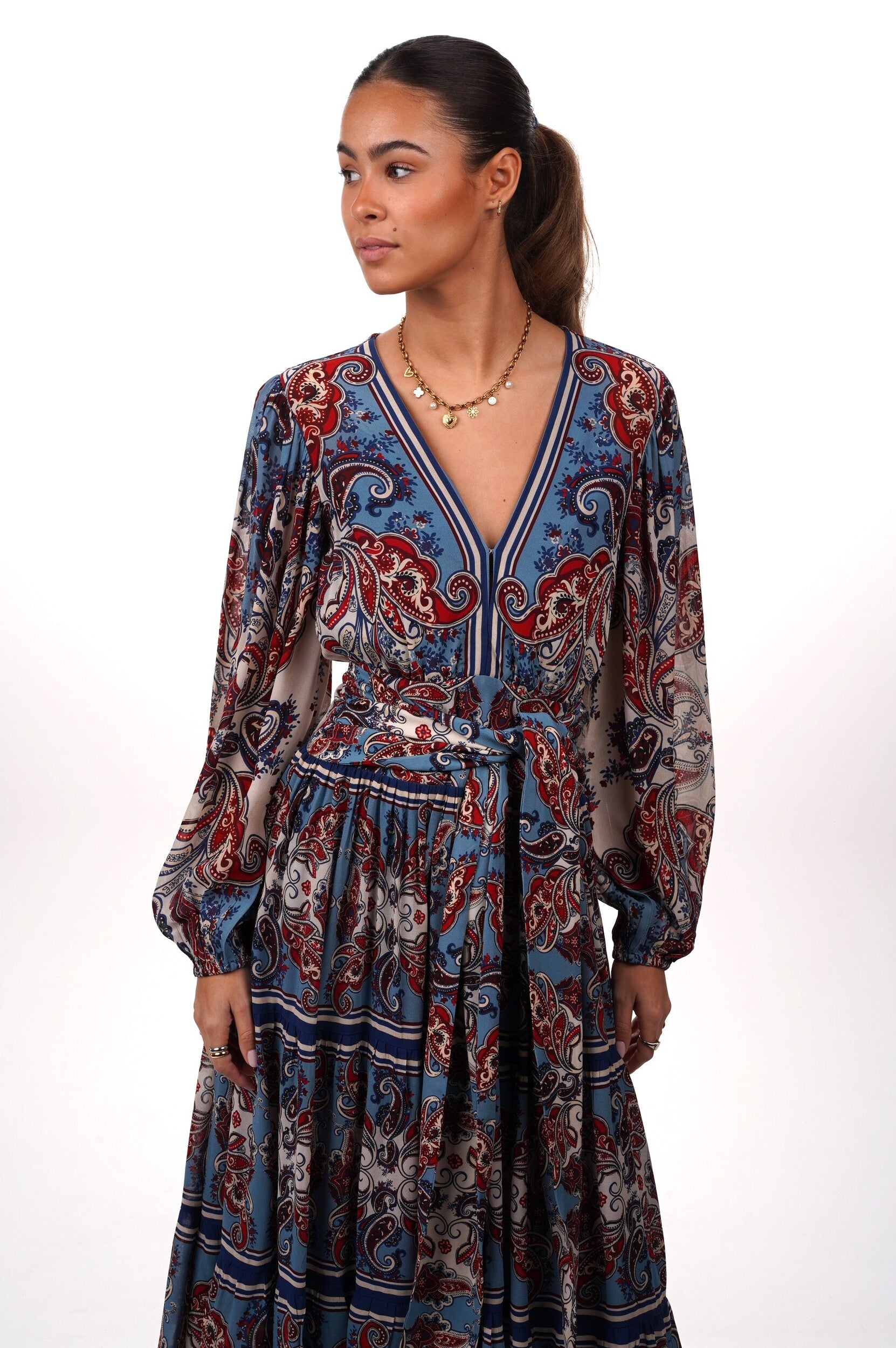FARM RIO Dress Paisley scarf cream long sleeve maxi