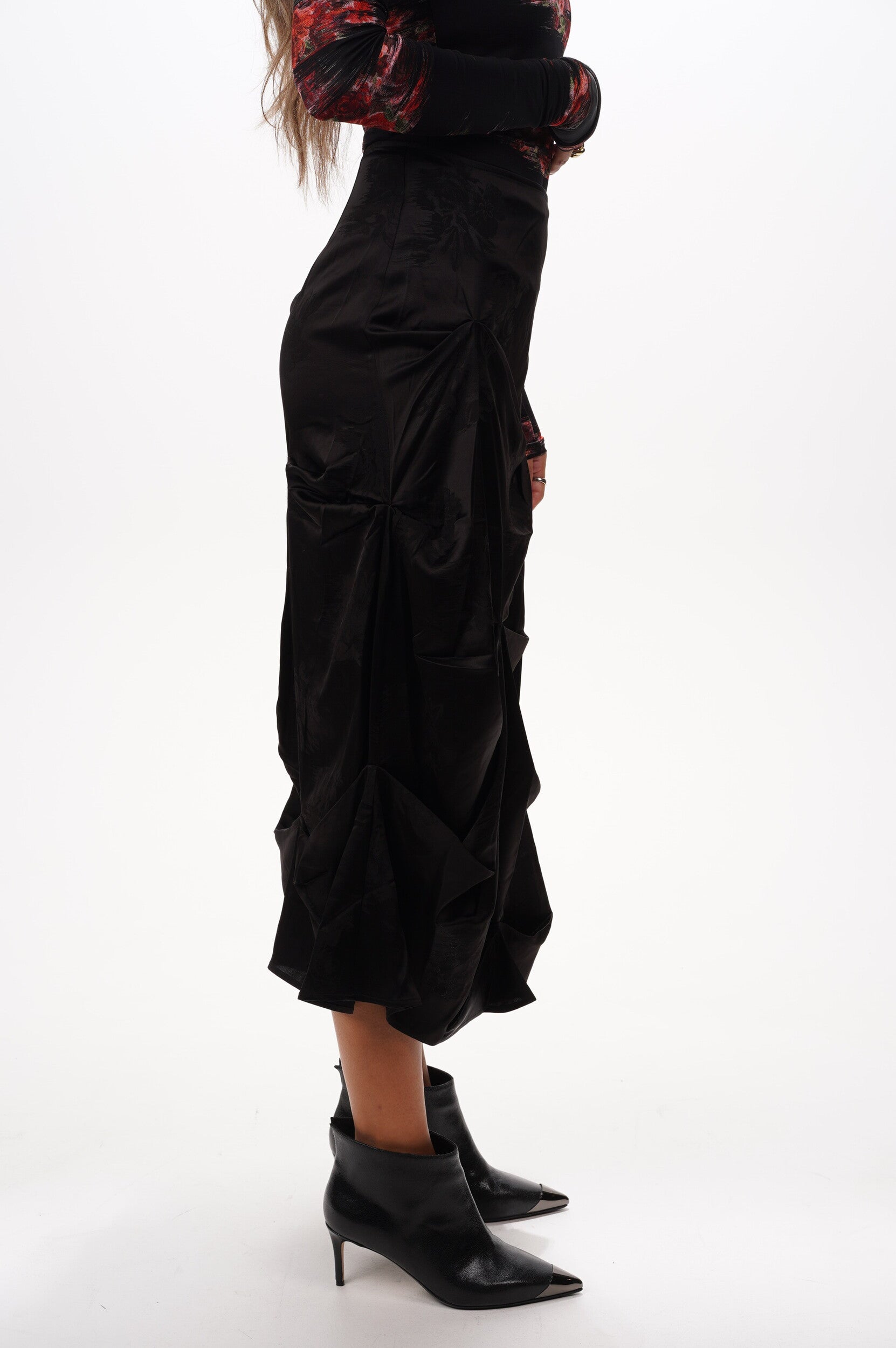GANNI Skirt Fluid satin jacquard tuck detail long