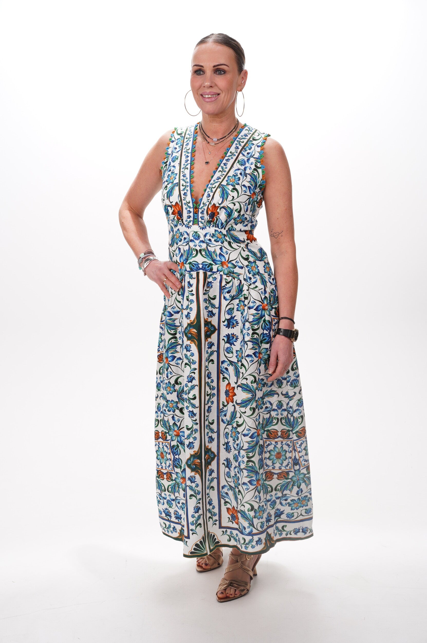 FARM RIO Dress Flora tile off-white midi