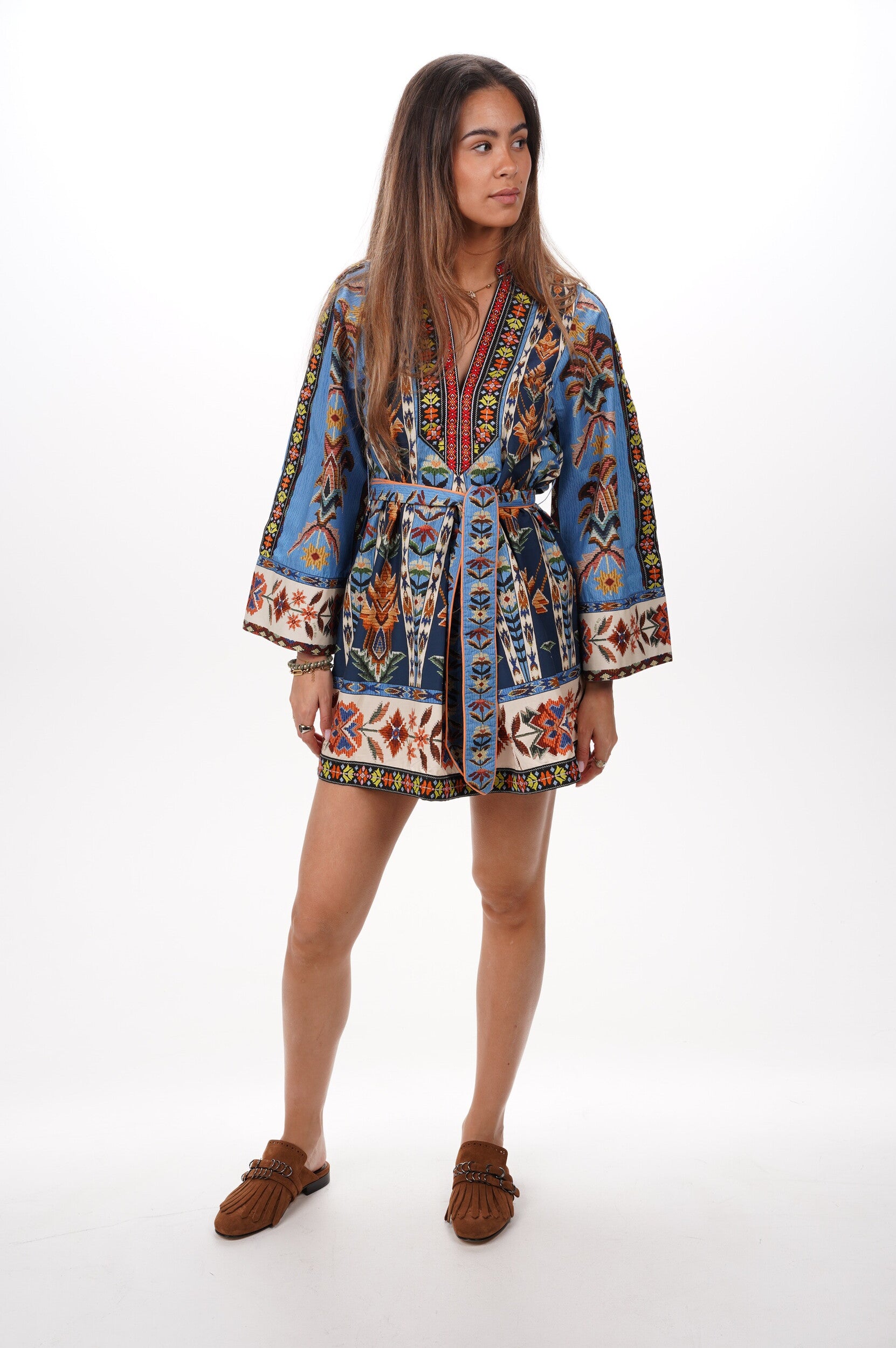 FARM RIO Dress Embroidered tapestry blue mini