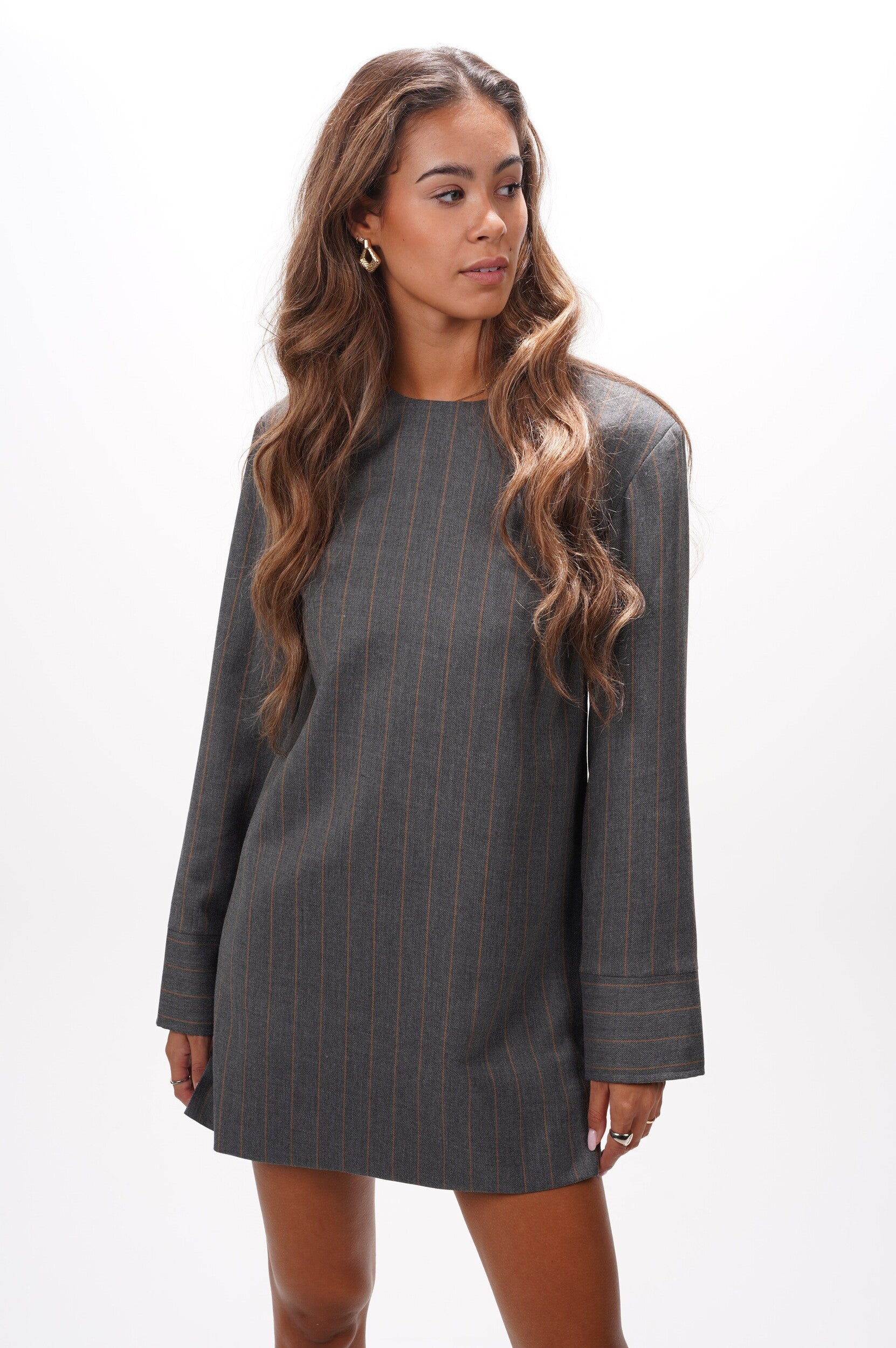 GANNI Dress Brushed wool stripe circle collar mini